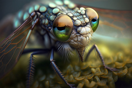 Macro close up of dragonfly isolated by rough defocused surface environment. Generative AI illustration.の素材