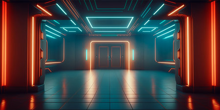 Futuristic sci fi neon light glowing inside spaceship tunnel room stage hall. Generative AI illustration.の素材