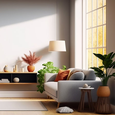 Large empty wall frame mockup with modern living room interior furniture. Interior design 3D render. Generative AI.の素材