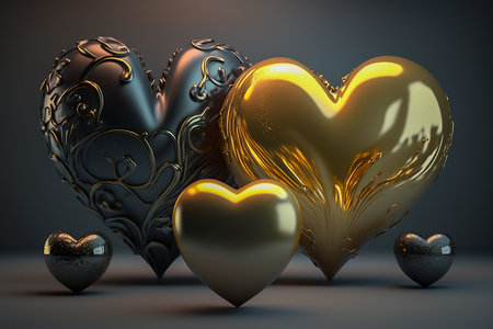 Valentine's day gold black heart-shaped balloons. Generative AI illustration.の素材