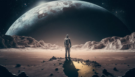Astronaut standing on deserted land look at another planet. Space travel and exploration concept. Generative AI illustration.の素材