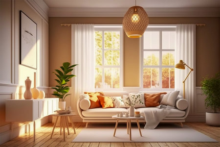 Cozy modern style living room with sunlight shines into the room. Minimalism interior design 3D render. Generative AI.の素材