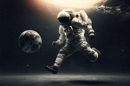 Astronaut playing soccer in empty space. Generative AI illustrationの素材