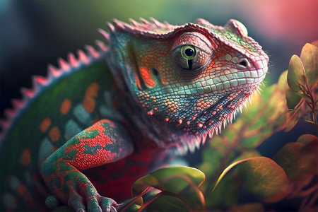 Close up portrait of colorful vibrant chameleon on tree branch with defocused environment background. Generative AI illustration.の素材