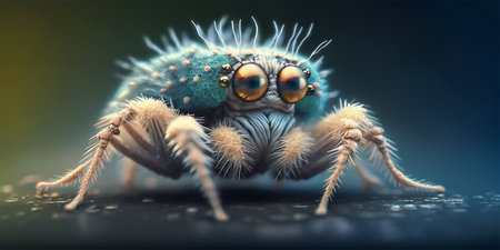 Tarantula spider closeup macro portrait stand on ground with defocused background. Generative AI illustration.の素材