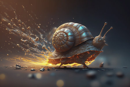 A snail running at lightspeed leaving behind spark trails. Fast speed snail concept. Generative AI illustration.の素材