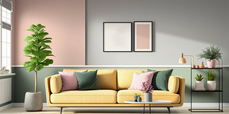 Pastel colored living room with warm sunlight shines into the room. Minimalism interior design 3D render. Generative AI.の素材