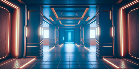 Futuristic sci fi neon light glowing inside spaceship tunnel room stage hall. Generative AI illustration.の素材