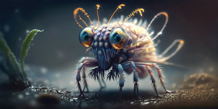 Tarantula spider closeup macro portrait stand on ground with defocused background. Generative AI illustration.の素材