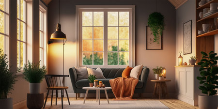 Cozy modern style living room with sunlight shines into the room. Minimalism interior design 3D render. Generative AI.の素材