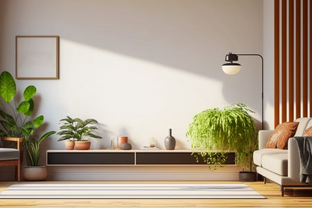 Cozy modern style living room with sunlight shines into the room. Minimalism interior design 3D render. Generative AI.の素材