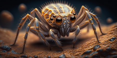 Tarantula spider closeup macro portrait stand on ground with defocused background. Generative AI illustration.の素材