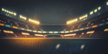 Football stadium on rainy night. Tilt shift defocused photo of soccer stadium background. Generative AI illustration.の素材