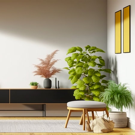 Large empty wall frame mockup with modern living room interior furniture. Interior design 3D render. Generative AI.の素材