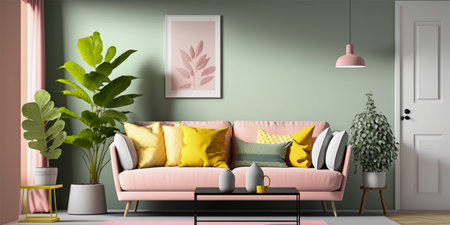 Pastel colored living room with warm sunlight shines into the room. Minimalism interior design 3D render. Generative AI.の素材