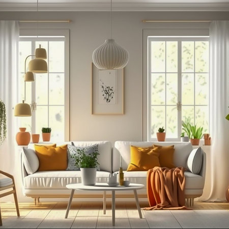 Cozy modern style living room with sunlight shines into the room. Minimalism interior design 3D render. Generative AI.の素材