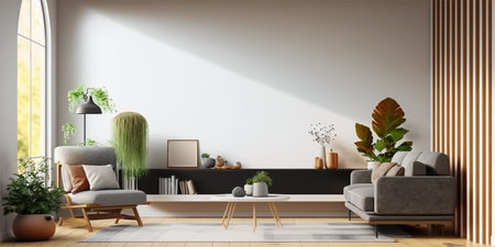 Large empty wall frame mockup with modern living room interior furniture. Interior design 3D render. Generative AI.の素材