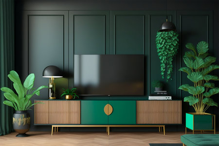 TV cabinet with green and black modern minimal interior design. Minimalist interior 3D render. Generative AI.の素材
