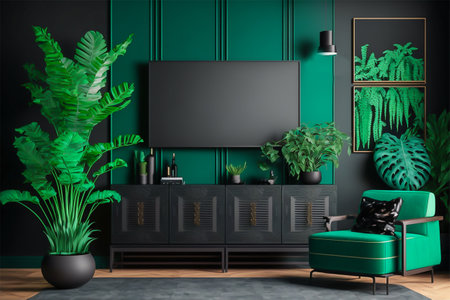TV cabinet with green and black modern minimal interior design. Minimalist interior 3D render. Generative AI.の素材