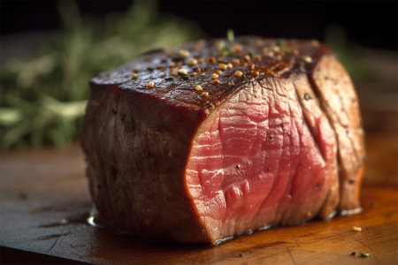 Raw Organic Beef Filet Mignon over a wooden counter on dark background. Generative AIの素材