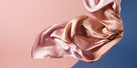 Abstract rose gold silk cloth flying in motion on mid air. Premium luxury background, generative AI illustration.の素材