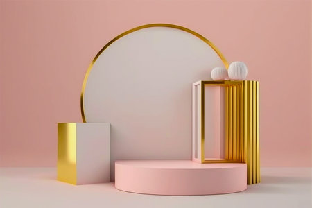Pink pastel rounded podium for cosmetic product promotion on empty pastel plain background. 3D render mockup illustration. Generative AI.の素材