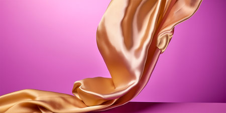 Abstract luxury rose gold silk satin fabric flying on purple background. Generative AI.の素材