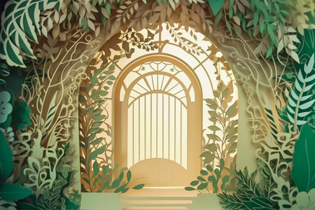 Paper cut craft of tunnel inside forest. Multi layered paper craft work, forest, jungle, door. Generative AI.の素材