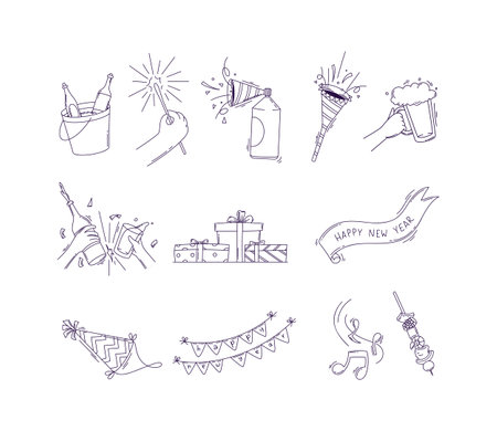 Happy new year party celebration doodle line art vector set illustrationのイラスト素材