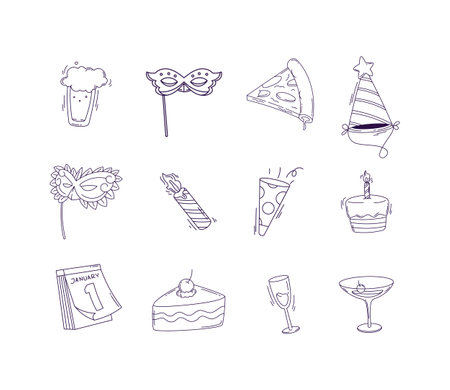 Happy new year party celebration doodle line art vector set illustrationのイラスト素材
