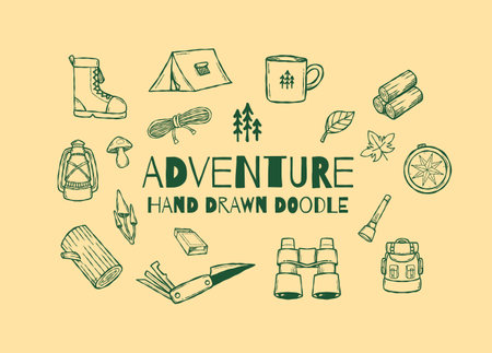 Hand drawn adventure doodle design elements vector illustration collection setのイラスト素材