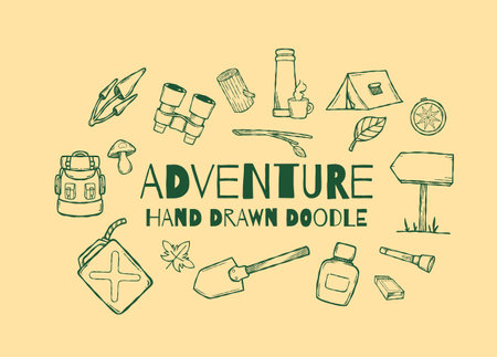 Hand drawn adventure doodle design elements vector illustration collection setのイラスト素材