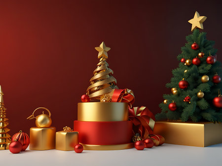 Christmas podium with copy space for product advertisement showcasing. Empty 3D pedestal in red and warm gold color theme. Generative AI..の写真素材