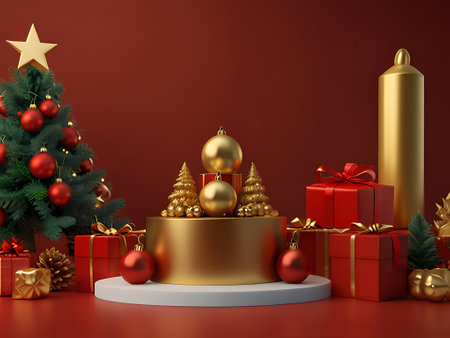 Christmas podium with copy space for product advertisement showcasing. Empty 3D pedestal in red and warm gold color theme. Generative AI..の写真素材