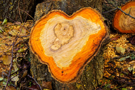 saw cut wood heartの写真素材