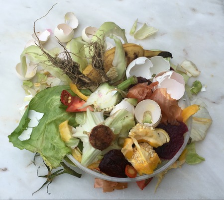 Fresh bio-waste in a small plastic cup for compostingの写真素材