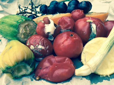 Different sorts of rotten fruit and vegetables on gray paperの写真素材