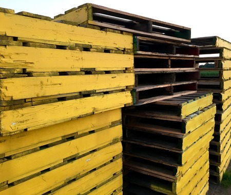 Several big stacks of yellow wooden pallets