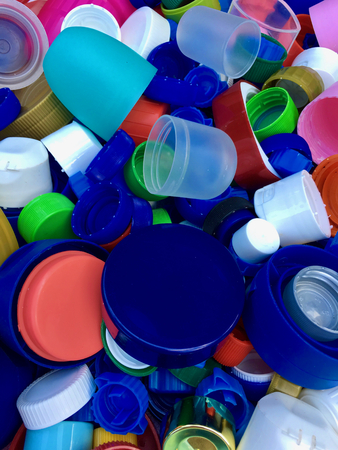 Group of colorful and used plastic cover for recyclingの写真素材