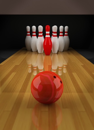 Bowling with a red skittle in the centerの写真素材