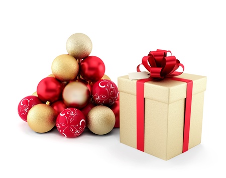 Gift and Christmas decorations in the form of spruce  on white backgroundの写真素材