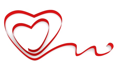 Ribbon twisted in the shape of two hearts on a white background.の写真素材