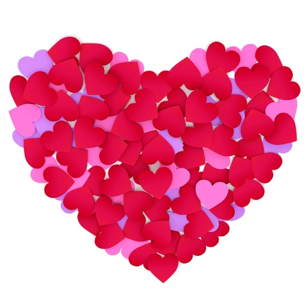 Heart made of color paper hearts on a white background.の写真素材