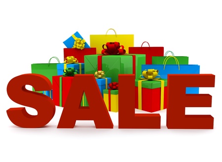 Bags and boxes with a word Sale on white backgroundの写真素材