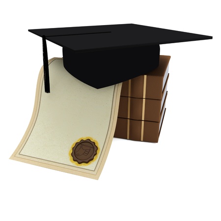 Books, diploma, graduate cap on a white background の写真素材