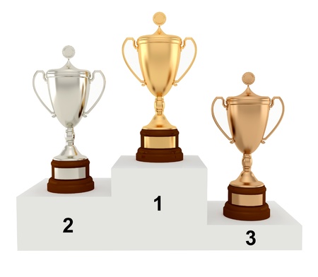 Award Cups on the podium  on a white background の写真素材