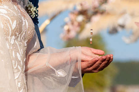 The hand of the bride in the hand of the groom. Catch falling wedding rings
