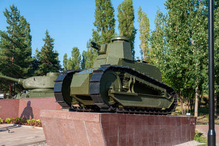 M-type tank on a pedestal. Victory Park Nizhny Novgorod.Summer, blue sky, green trees. High quality photoの写真素材