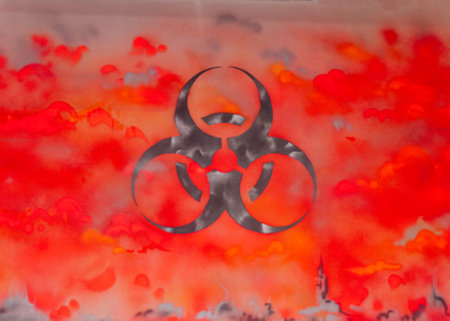 A sign of biological hazard. A black biohazard sign on a poisonous red background. High quality photoの写真素材