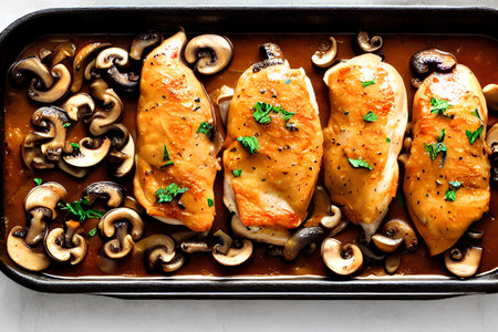 Baked chicken with mushrooms. In a black square dish, on a black table High quality photoの写真素材